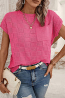 Bright Pink Lattice Textured Knit Short Sleeve Sweater - SELFTRITSS   