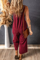 Fiery Red Solid Color Corduroy Wide Leg Bib Overalls - SELFTRITSS   