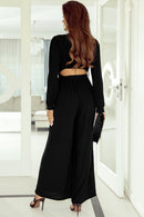 Black Cutout Back Belted V Neck Wide Leg Jumpsuit - SELFTRITSS   