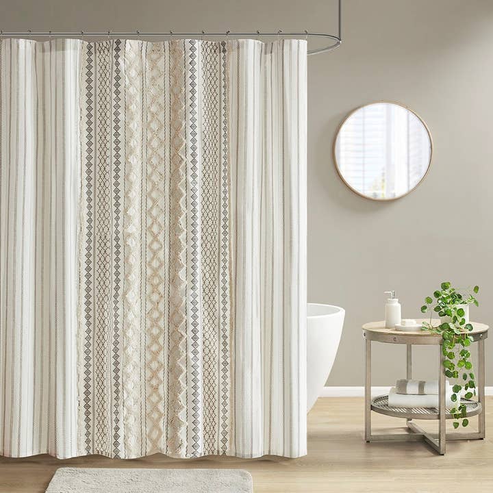 Aztec Chenille Tufted Shower Curtain, Ivory - SELFTRITSS