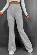 Gray Solid Color High Waist Ribbed Flare Pants - SELFTRITSS   