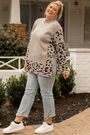 Khaki Plus Size Leopard Patchwork High Neck Sweater - SELFTRITSS