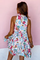 White Frill Mock Neck Sleeveless Tiered Floral Dress - SELFTRITSS
