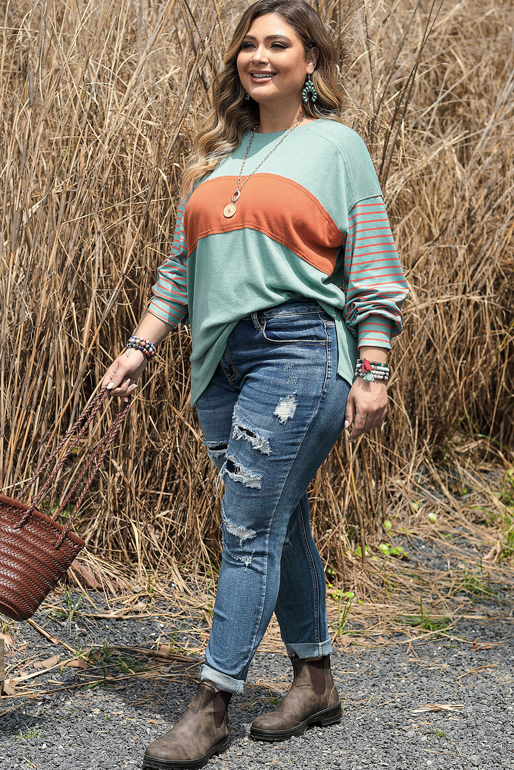 Green Plus Size Striped Long Sleeve Colorblock Tee with Slits - SELFTRITSS