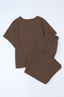 Brown Textured Loose Fit T Shirt and Drawstring Pants Set - SELFTRITSS