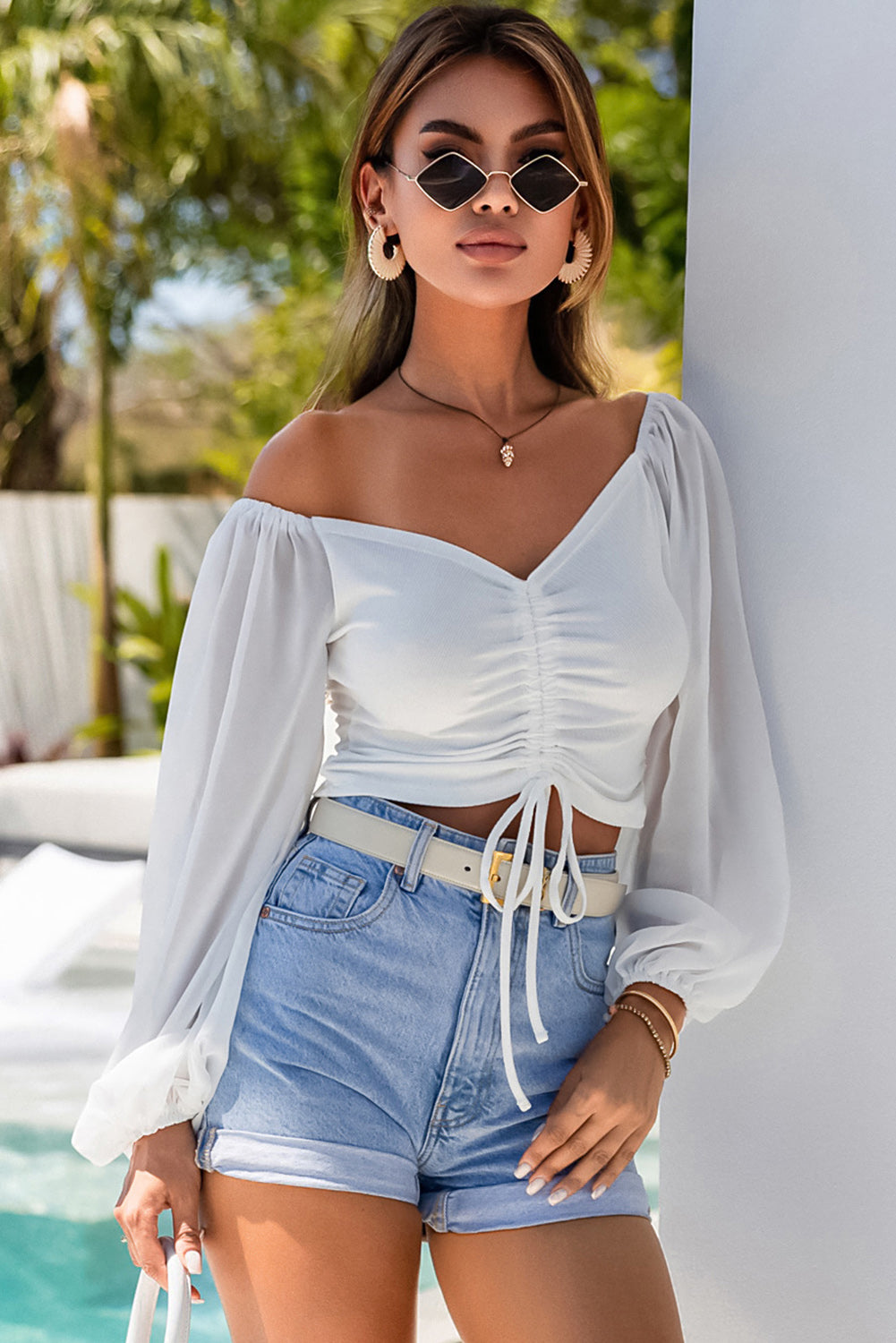 White Drawstring Front Sheer Puff Sleeve Crop Top - SELFTRITSS