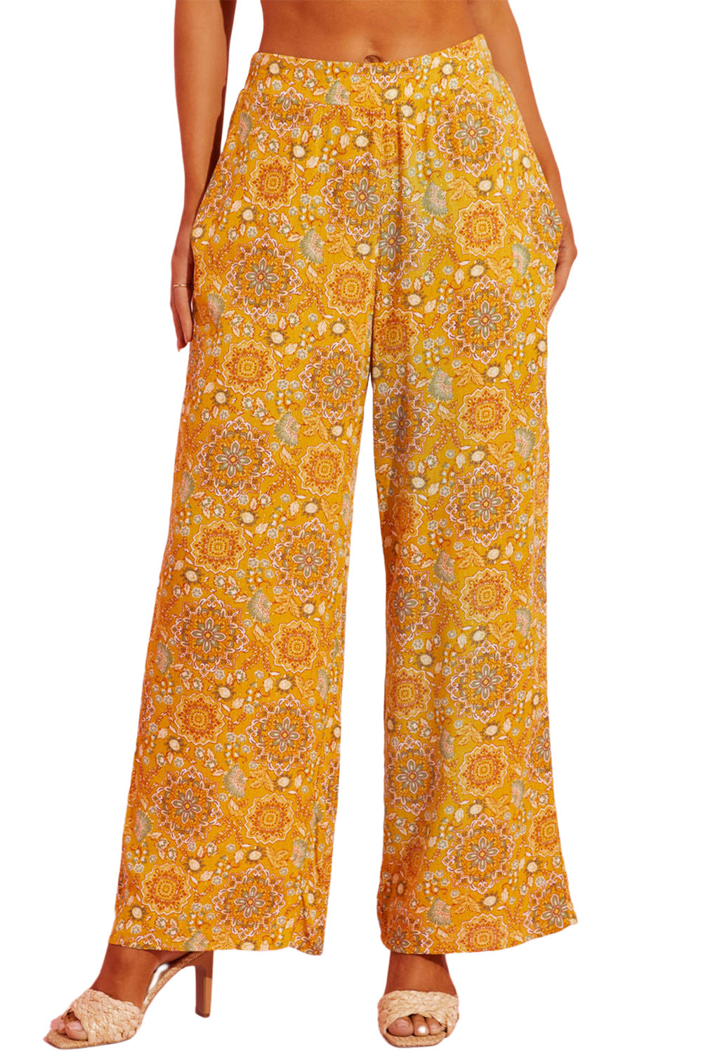 Yellow Bohemian Floral Print Pocketed Wide Leg Pants - SELFTRITSS