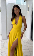 Halterneck V-neck Slit Dress - SELFTRITSS   