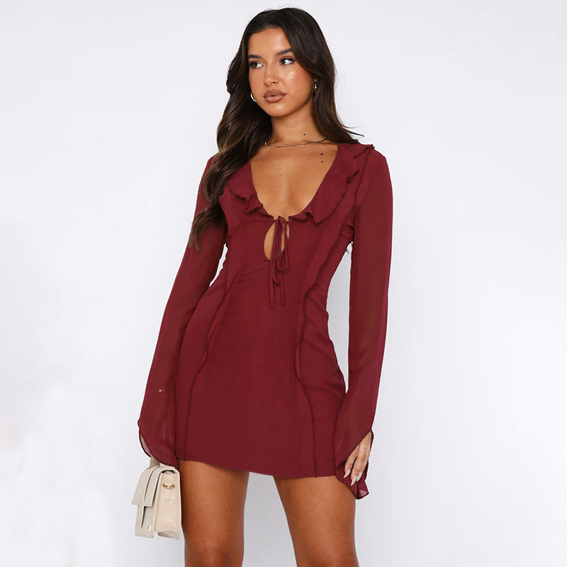 Slim Fit Ruffled Long Sleeve Tied Dress - SELFTRITSS   