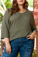 Jungle Green Plus Size V Neck Textured Knit Dolman Top - SELFTRITSS   