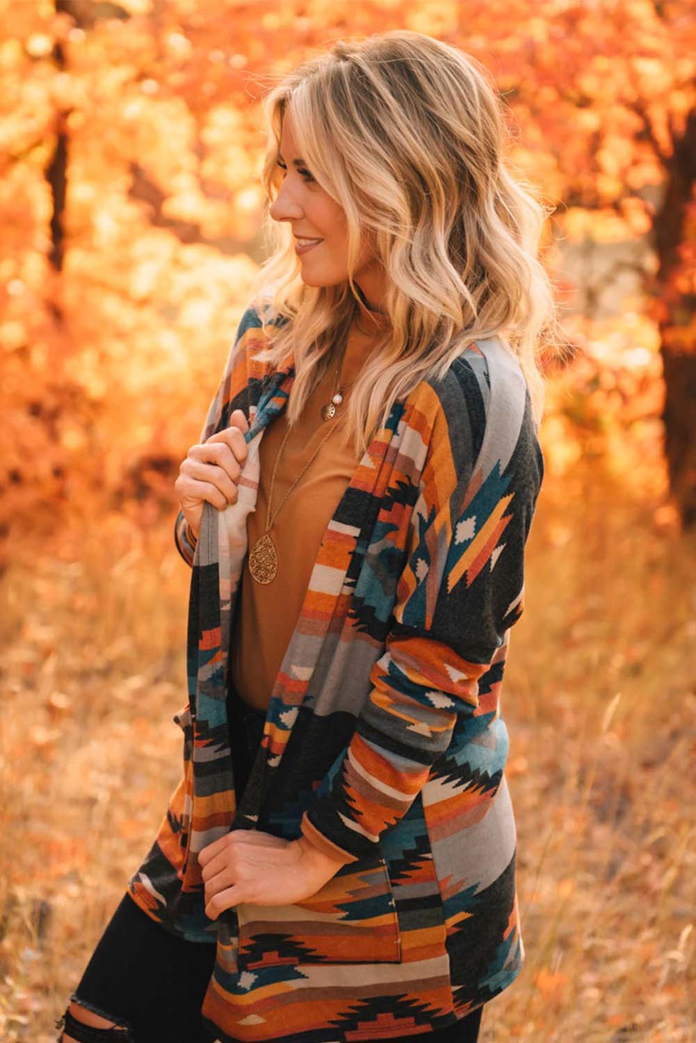 Orange Western Tribal Aztec Print Cardigan - SELFTRITSS   