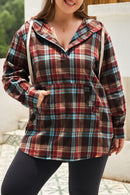 Fiery Red Plus Size Plaid Kangaroo Pocket Drawstring Hoodie - SELFTRITSS   