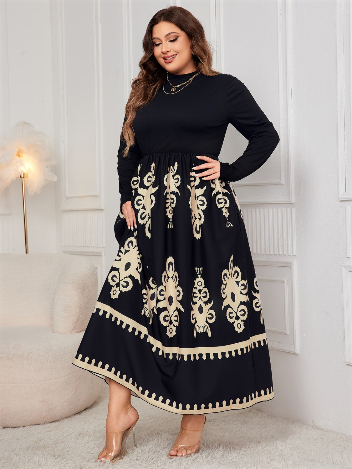 Plus Size Printed Mock Neck Long Sleeve Dress - SELFTRITSS   