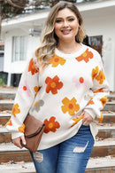 White Plus Size Flower Pattern Ribbed Trim Casual Sweater - SELFTRITSS