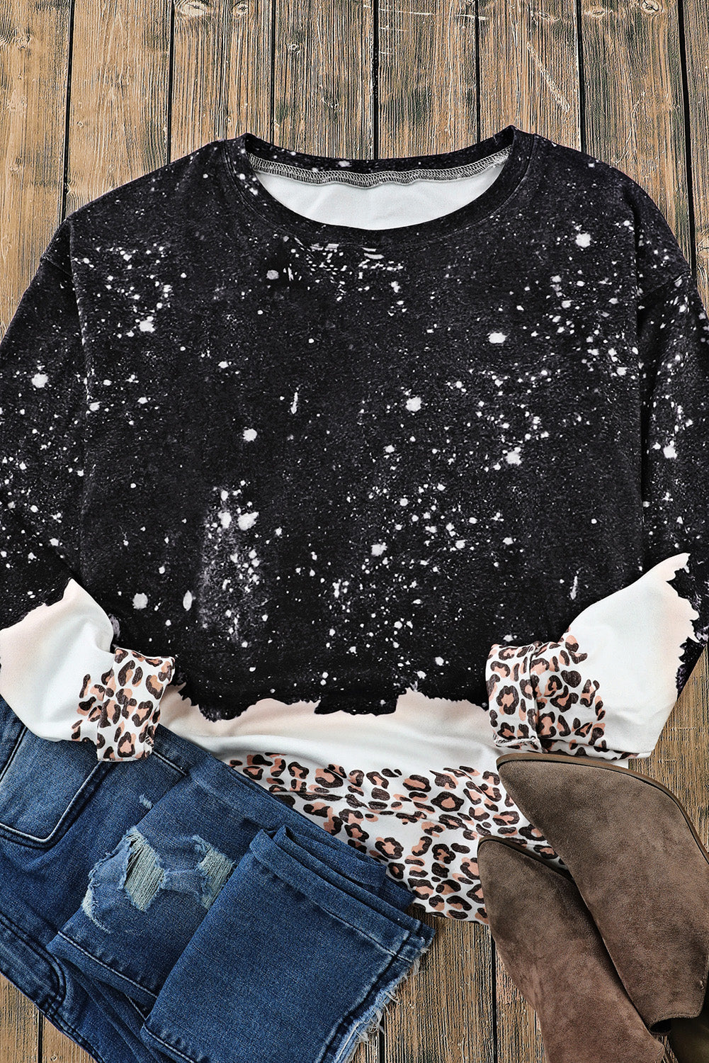 Black Leopard Bleached Pullover Sweatshirt