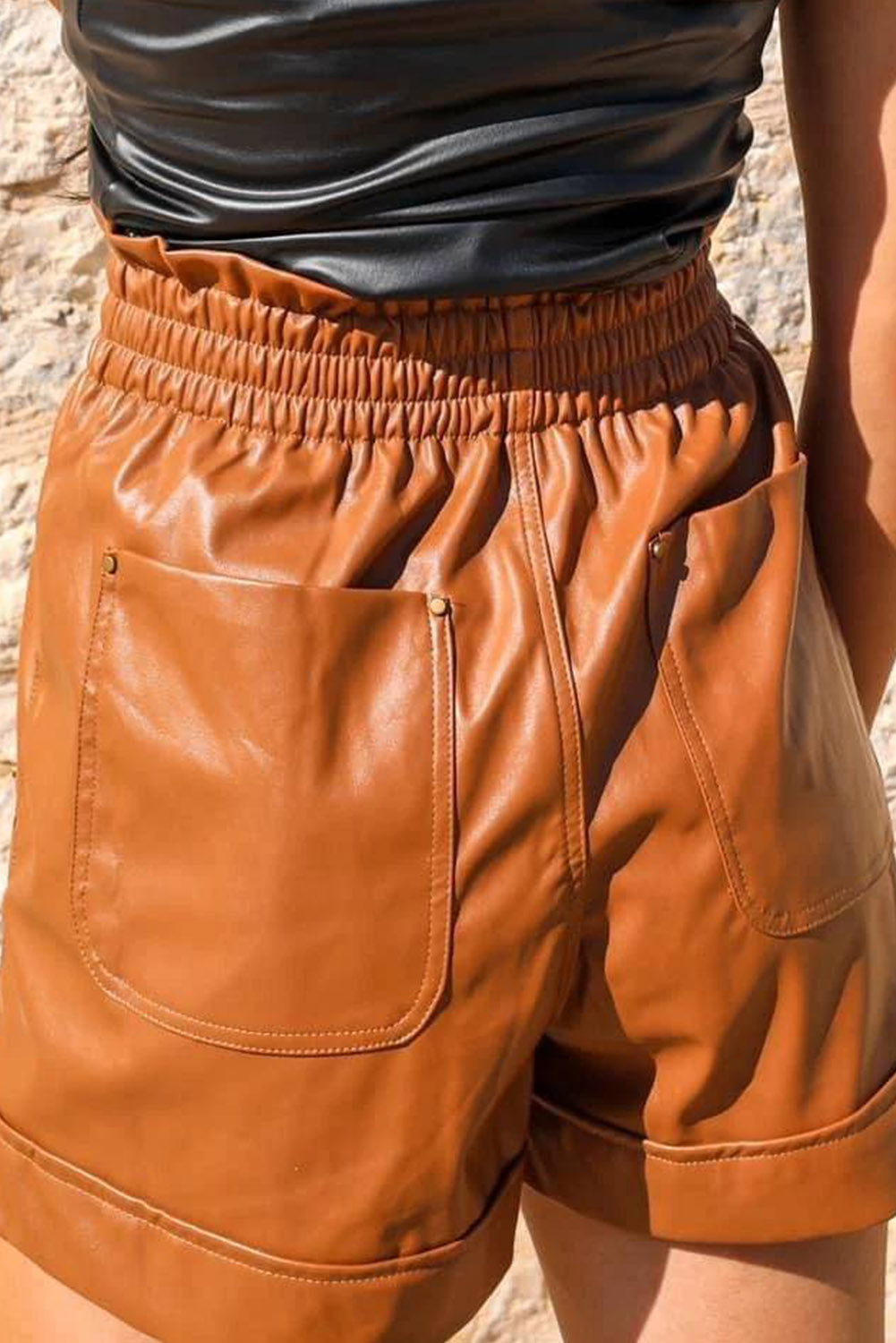 Brown Patch Pockets Faux Leather High Rise Shorts - SELFTRITSS