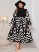 Plus Size Printed Mock Neck Long Sleeve Midi Dress - SELFTRITSS   