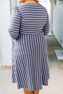 Gray Striped Tie Waist 3/4 Sleeve Plus Size Dress - SELFTRITSS