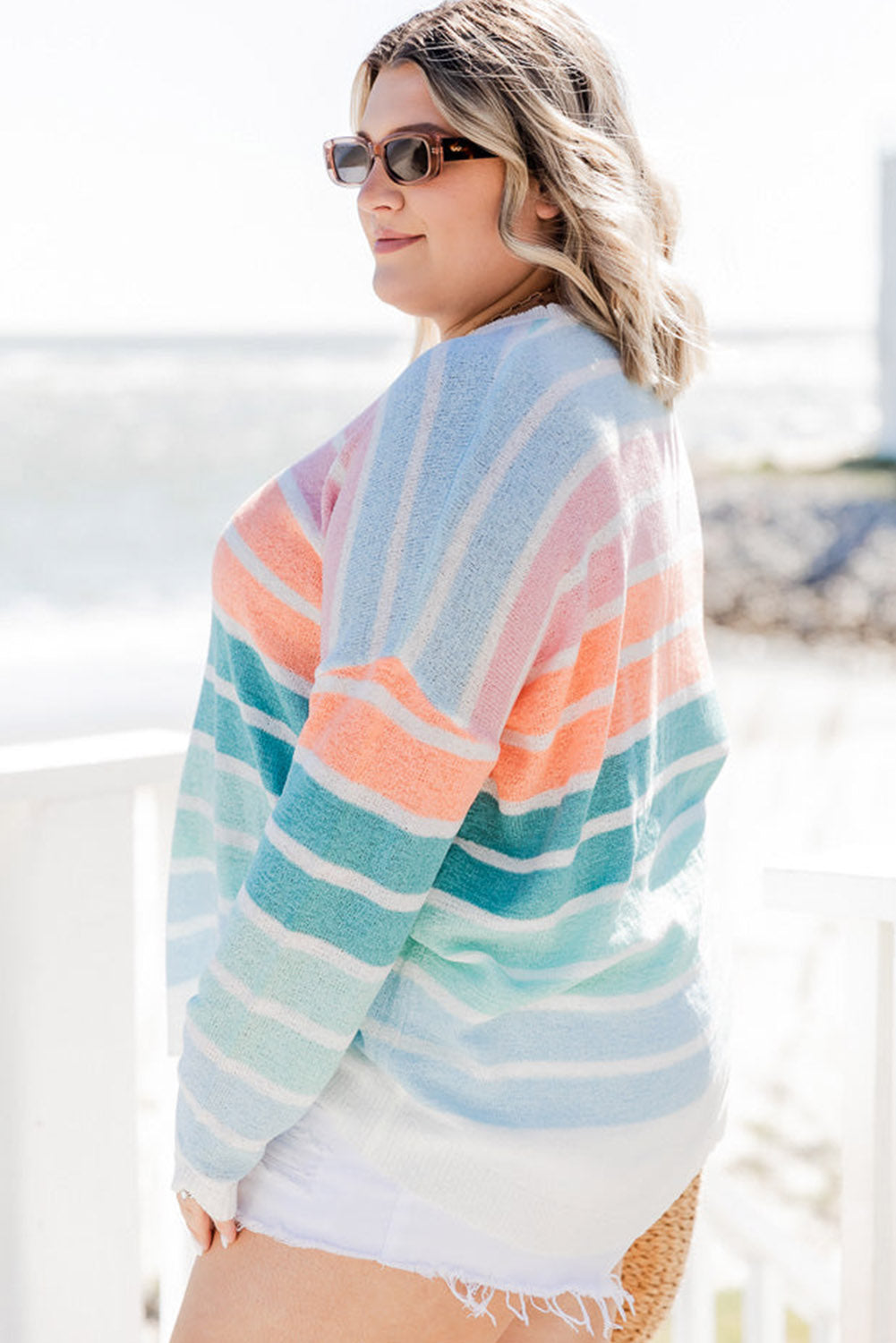 Multicolor Striped Crewneck Plus Size Sweater - SELFTRITSS