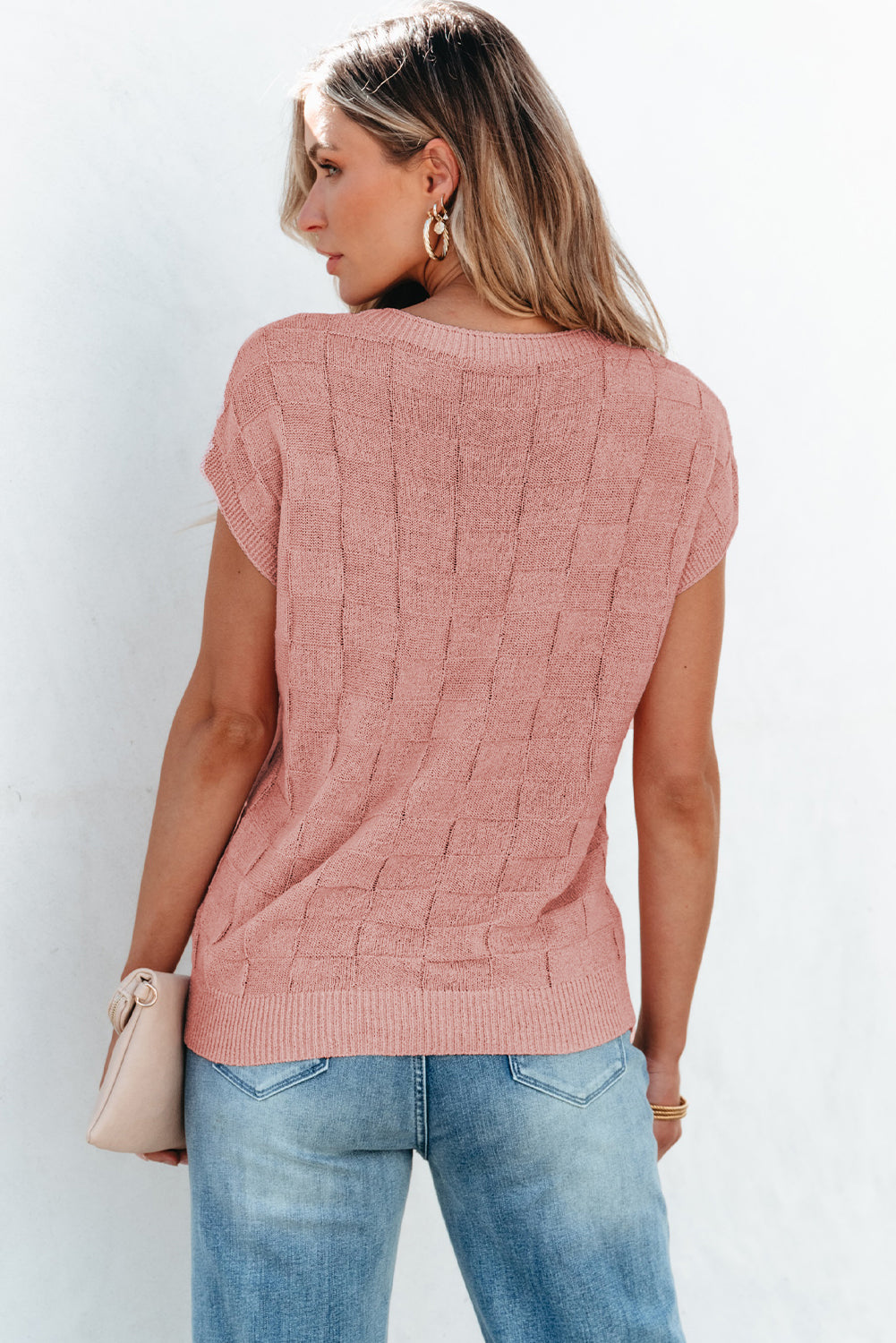 Dusty Pink Lattice Textured Knit Short Sleeve Sweater - SELFTRITSS   