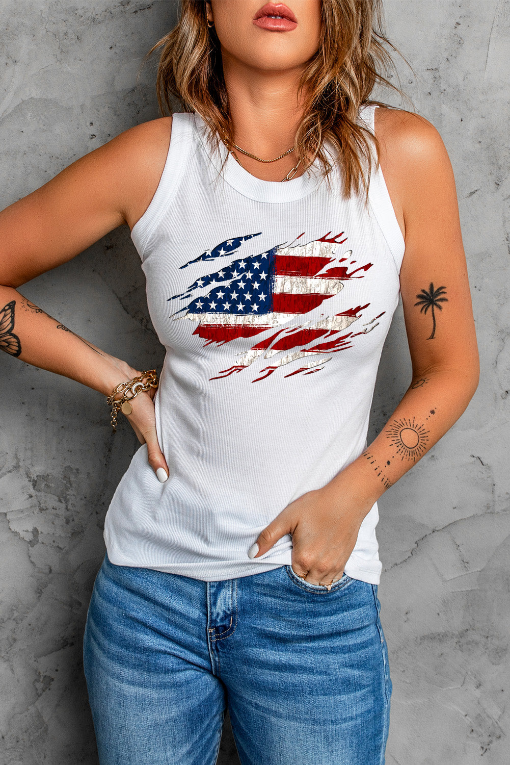 Full Size US Flag Graphic Round Neck Tank - SELFTRITSS