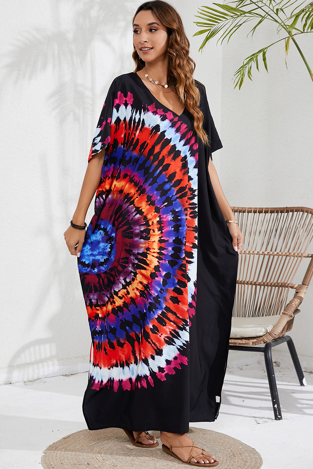 Slit Printed V-Neck Short Sleeve Cover Up - SELFTRITSS