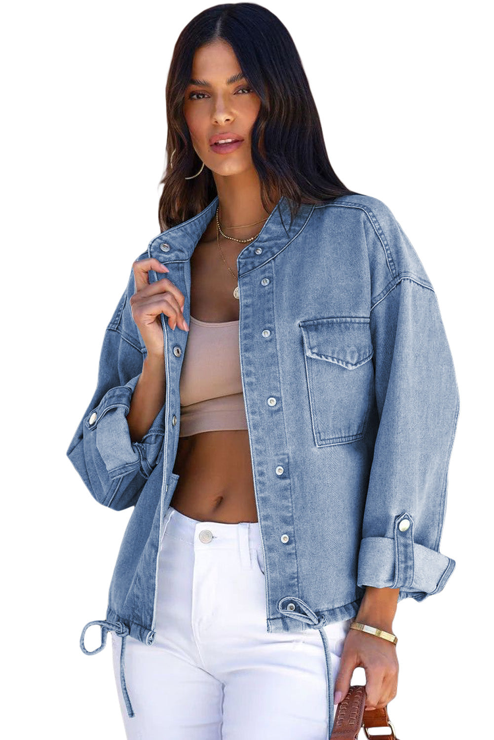 Sky Blue Roll-Up Tab Sleeve Button Down Pocket Denim Jacket - SELFTRITSS   