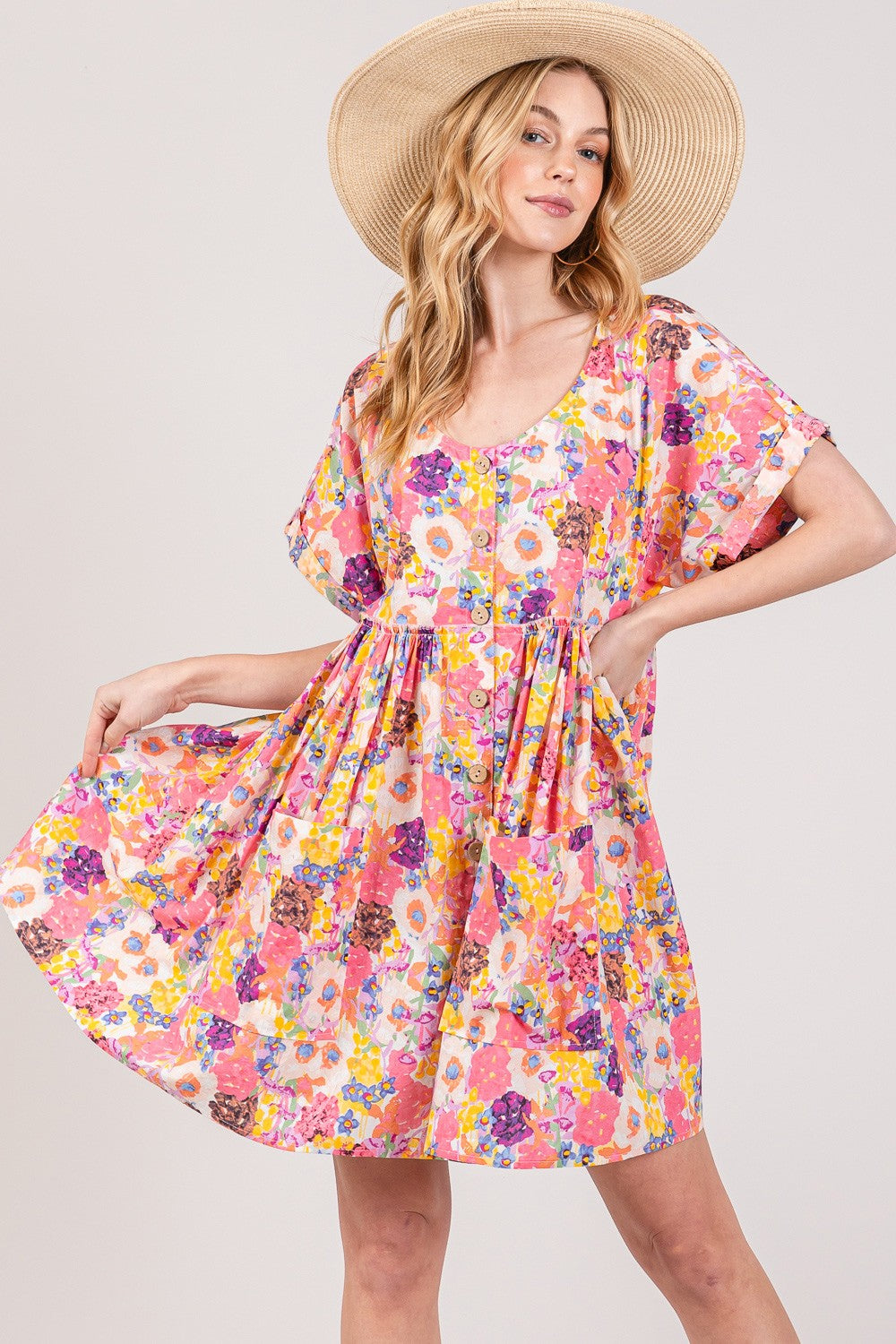 Floral Short Sleeve Babydoll Dress with Pockets - SELFTRITSS   