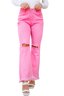 Pink Vintage High Waist Flare Leg Ripped Raw Hem Jeans - SELFTRITSS