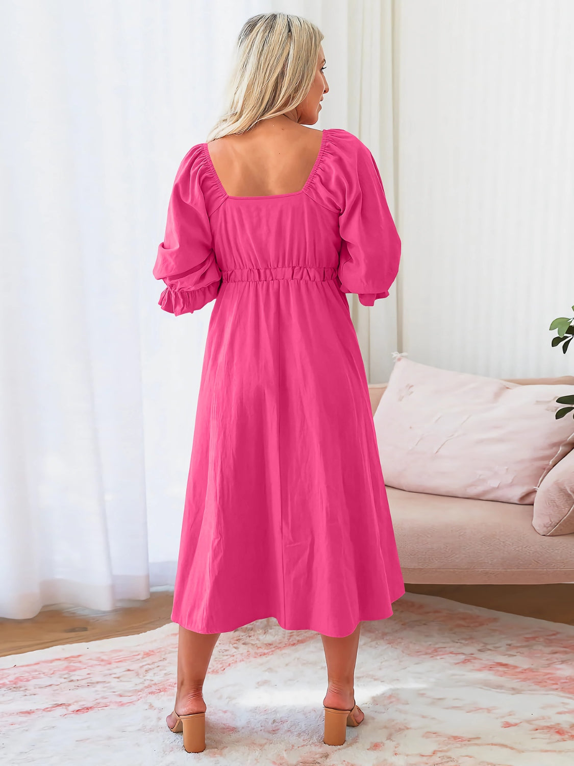 Sweetheart Neck Flounce Sleeve Midi Dress - SELFTRITSS   