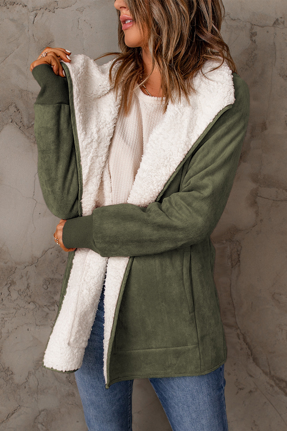 Green Faux Suede Fleece Lined Open Front Jacket - SELFTRITSS   