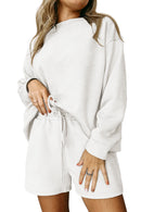 White Textured Long Sleeve Top and Drawstring Shorts Set - SELFTRITSS