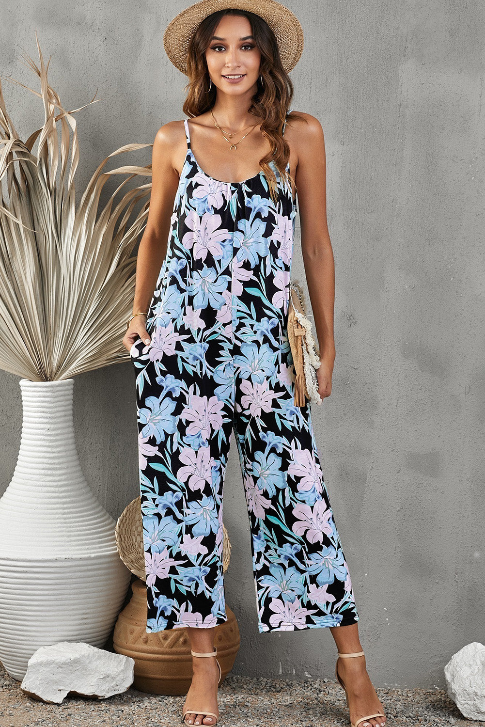 Botanical Print Spaghetti Strap Cropped Jumpsuit - SELFTRITSS