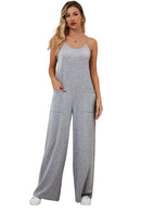 Gray Patch Pockets Spaghetti Strap Wide Leg Jumpsuit - SELFTRITSS   