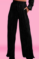 Black Pleated Long Sleeve Shirt and Wide-Leg Pants Set - SELFTRITSS