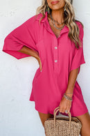 Bright Pink Half Button Collared Loose Romper - SELFTRITSS   