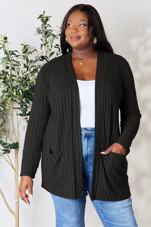 Basic Bae Full Size Ribbed Open Front Cardigan with Pockets - SELFTRITSS