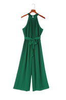 Green Halter Neck Pleated Wide Leg Jumpsuit with Belt - SELFTRITSS   