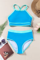 Blue Contrast Trim Crisscross Back High Waisted Bikini - SELFTRITSS   