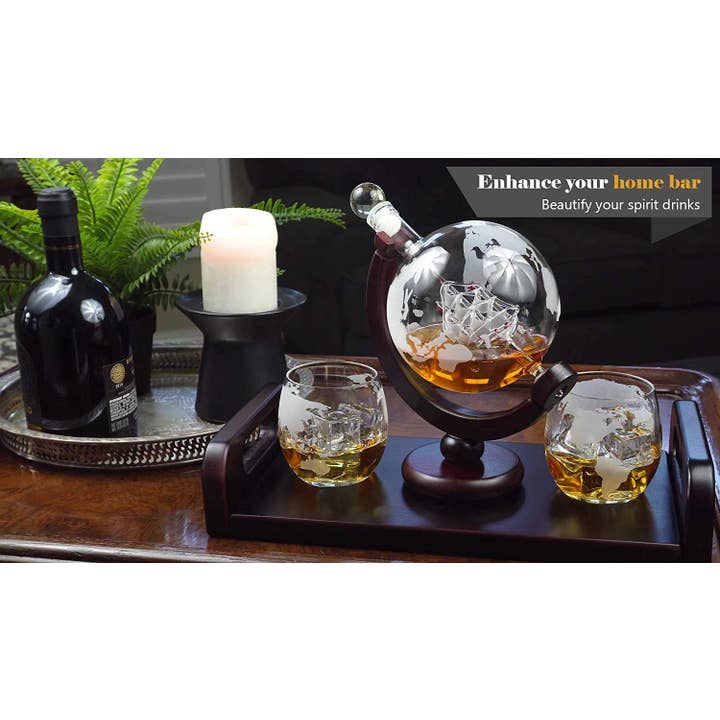 Etched Globe Whiskey Decanter + 2 Whiskey Glasses On Rich