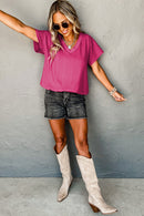 Bright Pink Crinkled V Neck Wide Sleeve T-shirt - SELFTRITSS