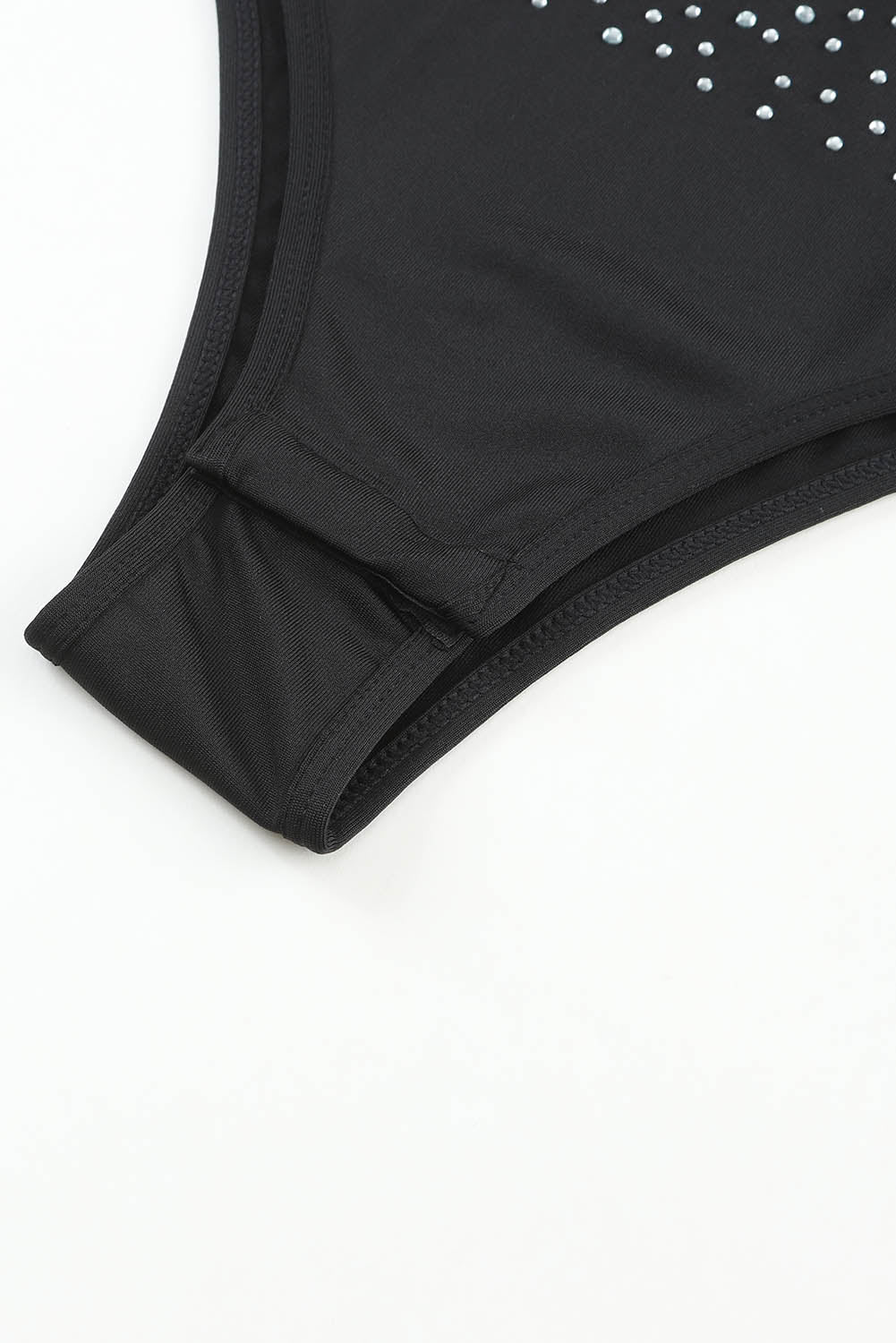 Black Rhinestone Allover Round Neck Short Sleeve Bodysuit - SELFTRITSS