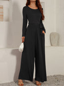 Tied Round Neck Long Sleeve Jumpsuit - SELFTRITSS   