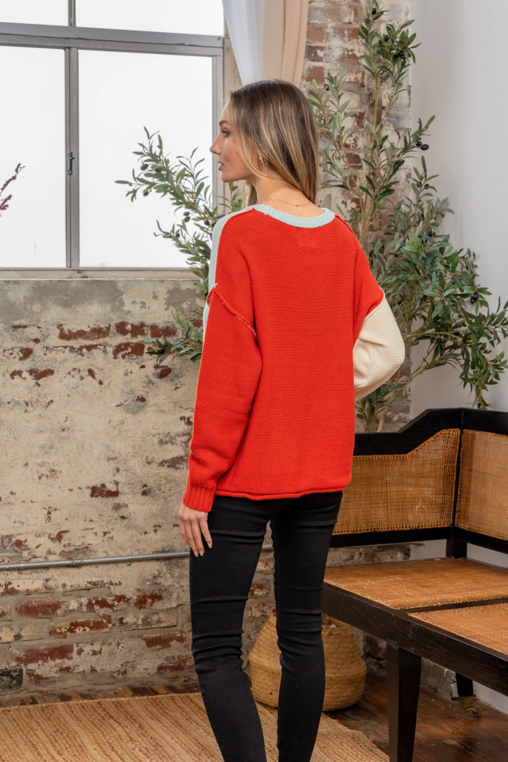 Full Size Color Block Drop Shoulder Sweater