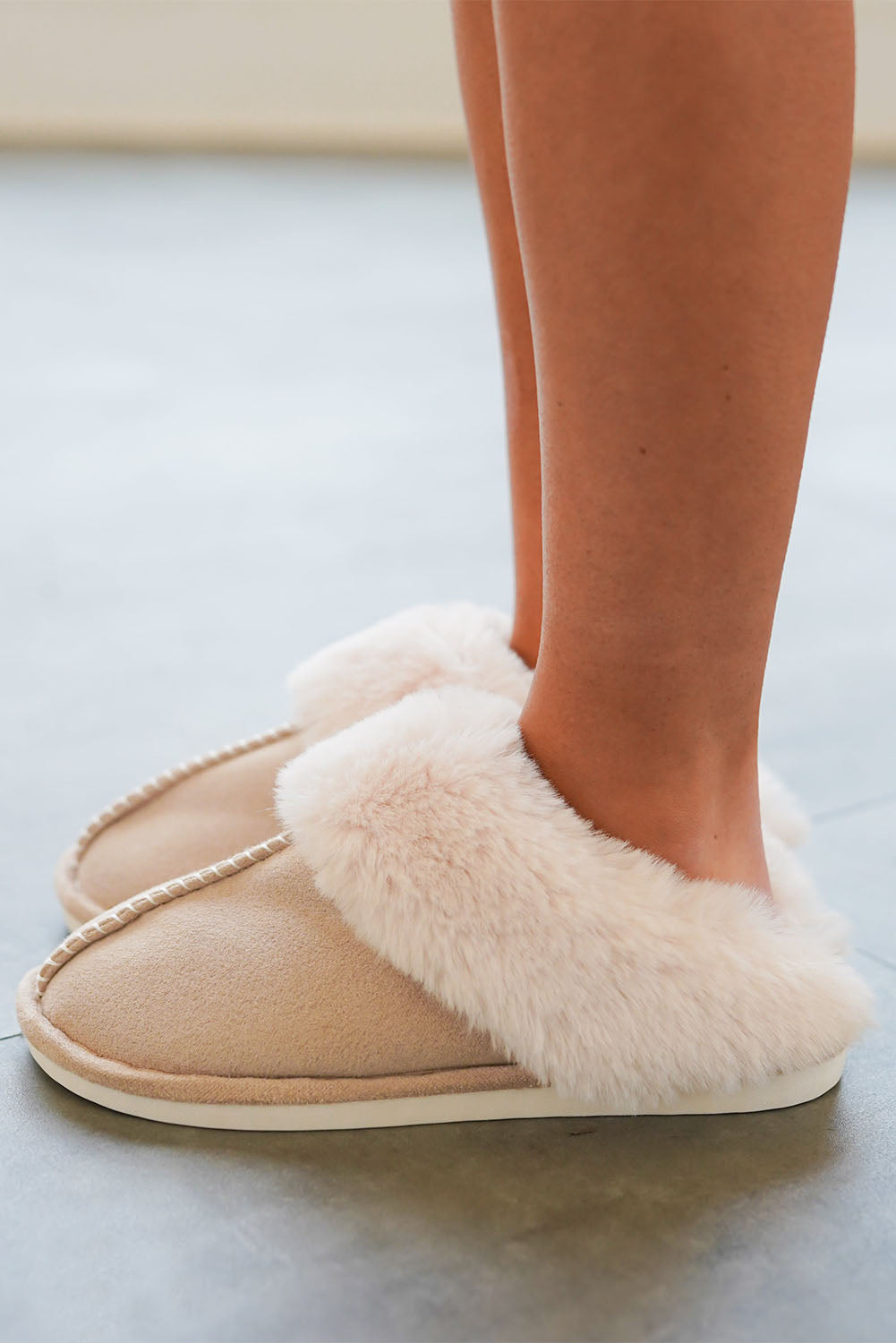 Khaki Cut and Sew Faux Suede Plush Lined Mules