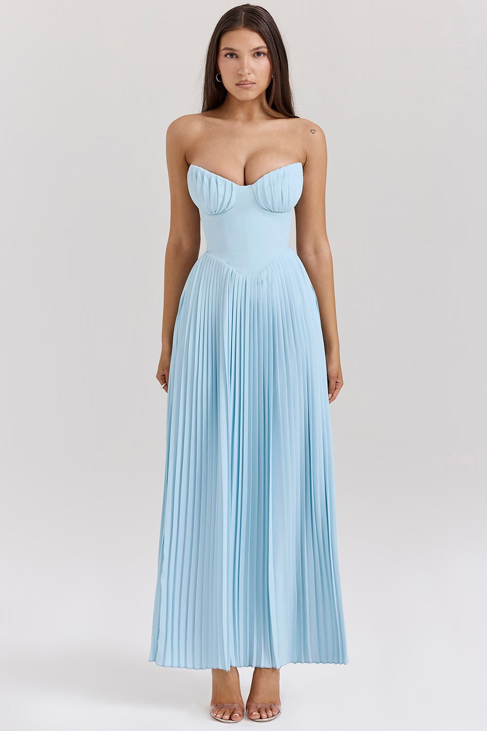 Blue Strapless Slimming Pleated Tight Dress - SELFTRITSS   