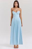 Blue Strapless Slimming Pleated Tight Dress - SELFTRITSS   