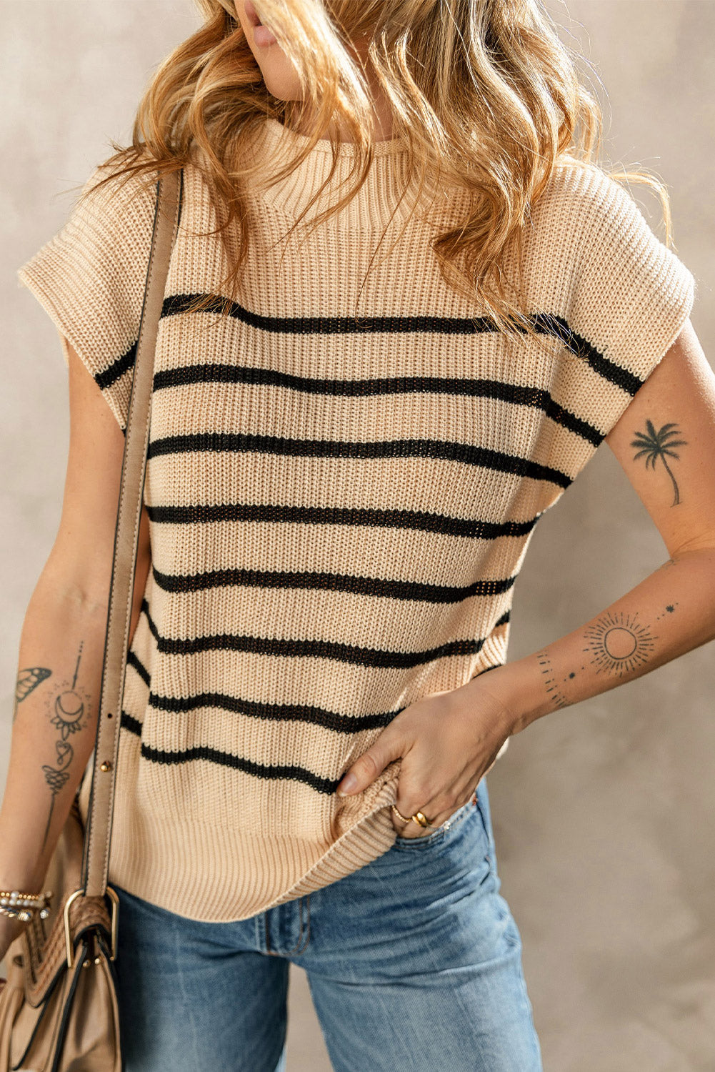 Parchment Striped Ribbed Knit High Neck Sweater - SELFTRITSS   