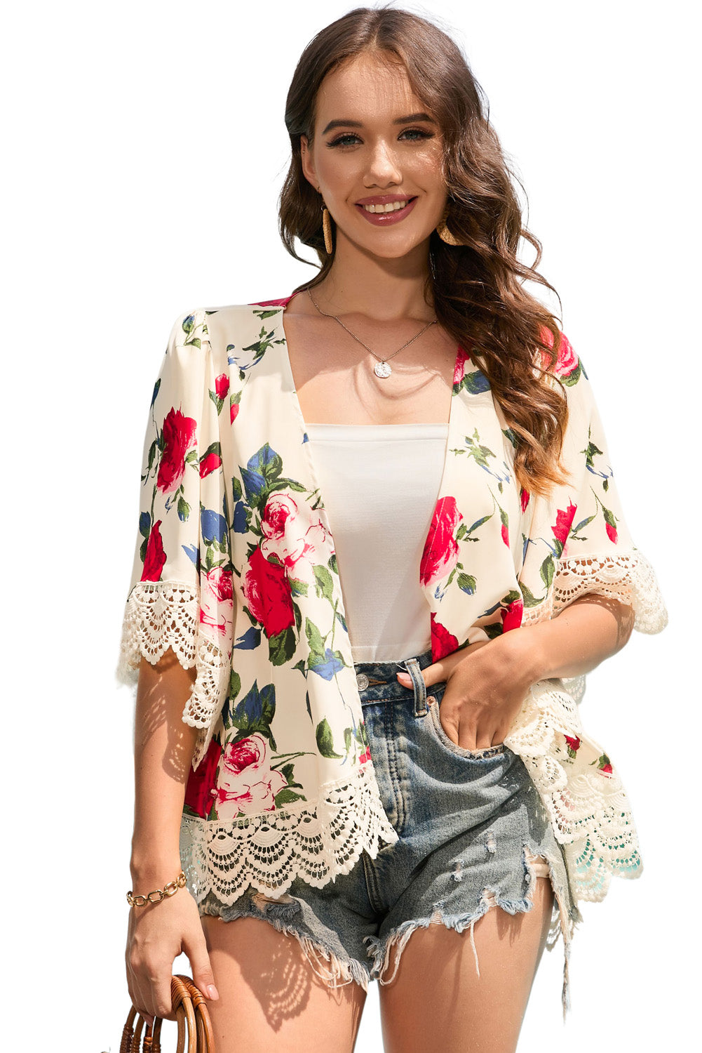 Beige Floral Print Scalloped Lace Splicing Kimono - SELFTRITSS   