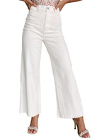 White Solid Raw Hem Wide Leg Crop Jeans - SELFTRITSS